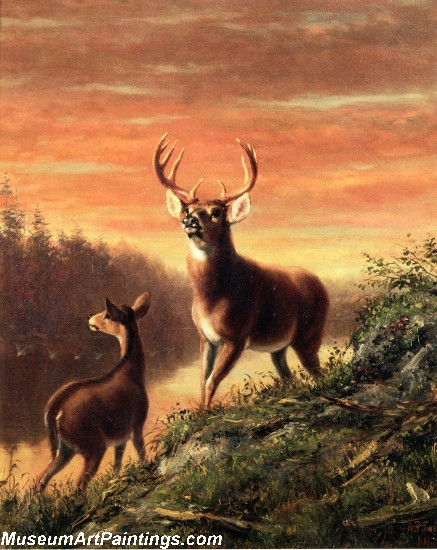 Deer Landscape Painting Evening at Forked Lake Hamilton County New York