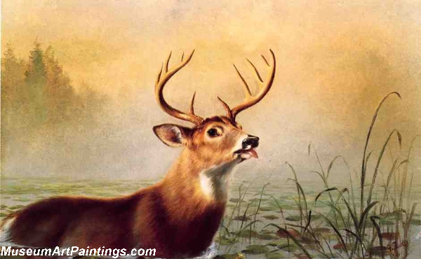 Deer Landscape Painting Misty Morning Stag