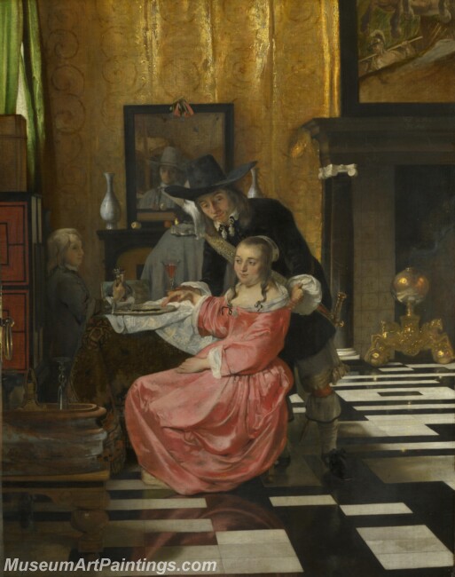 Delft An Interior with a Woman refusing a Glass of Wine Painting