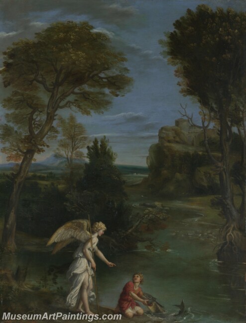 Domenichino Landscape with Tobias laying hold of the Fish Painting