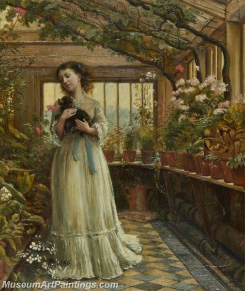 Dora laughing held the dog up childishly to smell the flowers Painting