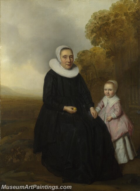 Dutch Portrait of a Seated Woman and a Girl in a Landscape Painting