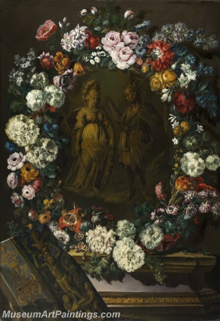 Espinos Benito Guirnalda de flores con Mercurio y Minerva Painting