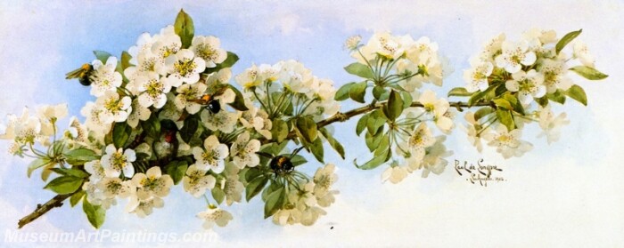 Flower Painting Apple Blossoms with Hummingbird and Bumblebees