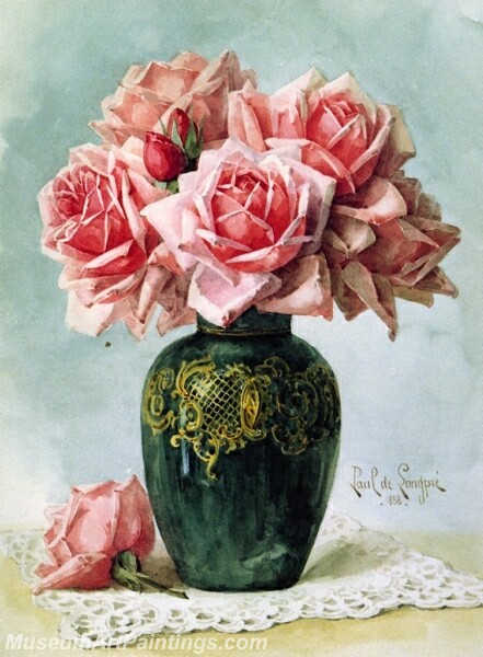 Flower Painting Vase with Pink Roses