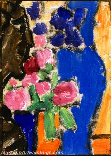 Flower Still Life with Vase and Figure Semi Profile Oil Painting