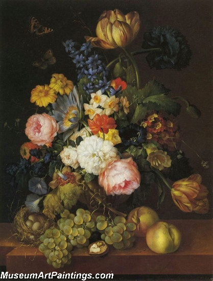 Flowers and fruit with a birds nest on a ledge
