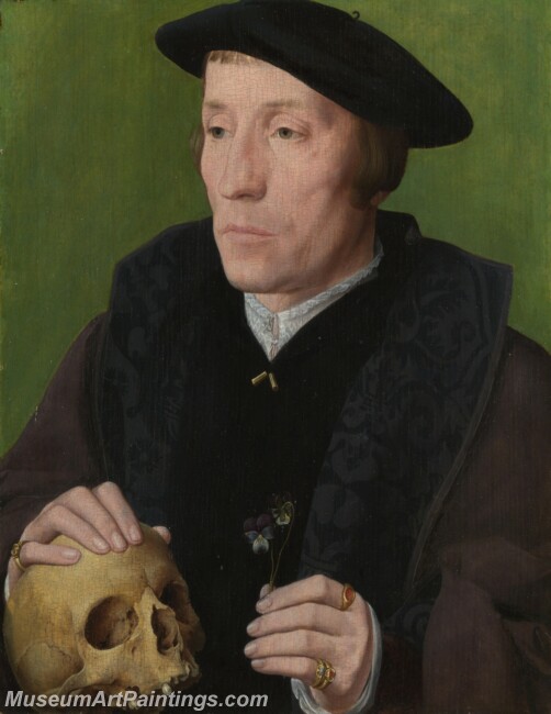 Follower of Jan van Scorel A Man with a Pansy and a Skull Painting