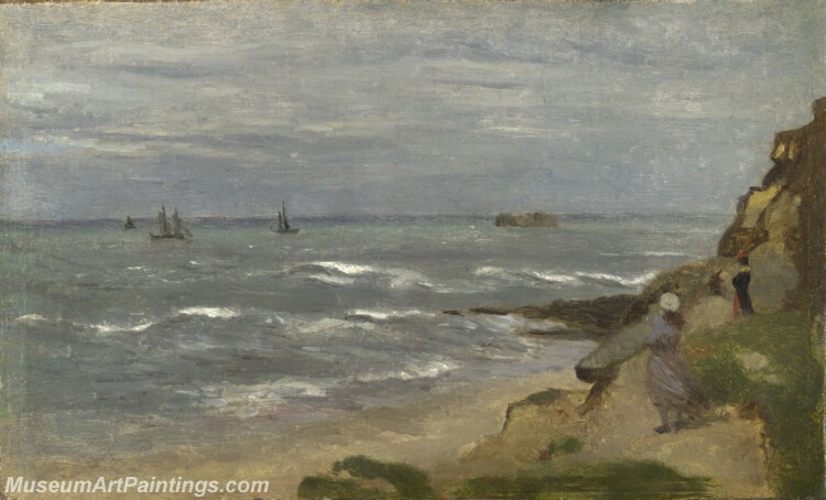 Follower of JeanBaptisteCamille Corot Seascape with Figures on Cliffs Painting