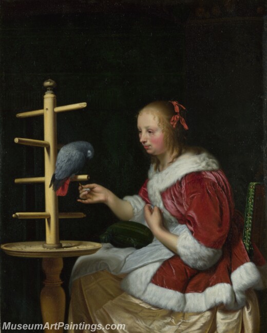 Frans van Mieris the Elder A Woman in a Red Jacket feeding a Parrot Painting