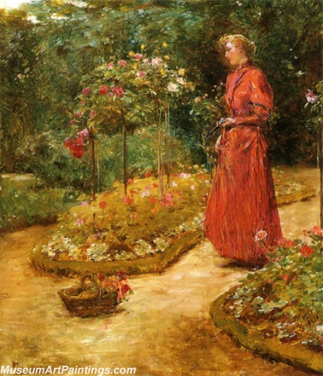 Frederick Childe Hassam Woman Cutting Roses in a Garden Painting