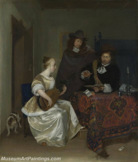 Gerard ter Borch A Woman playing a Theorbo to Two Men Painting