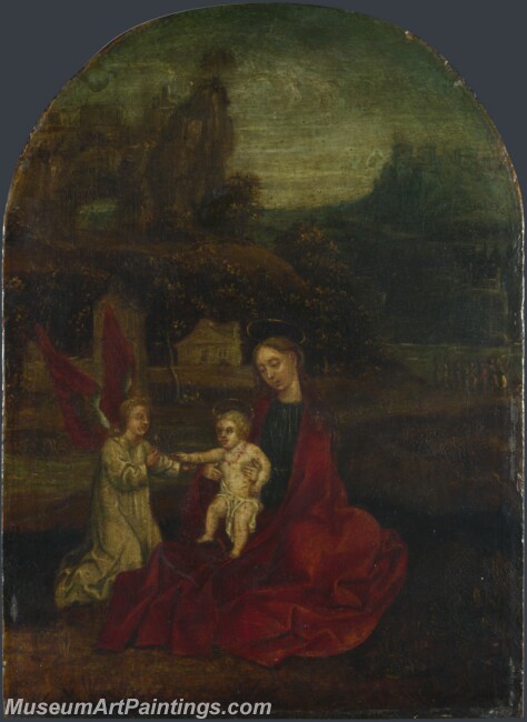 German The Virgin and Child with an Angel in a Landscape Painting