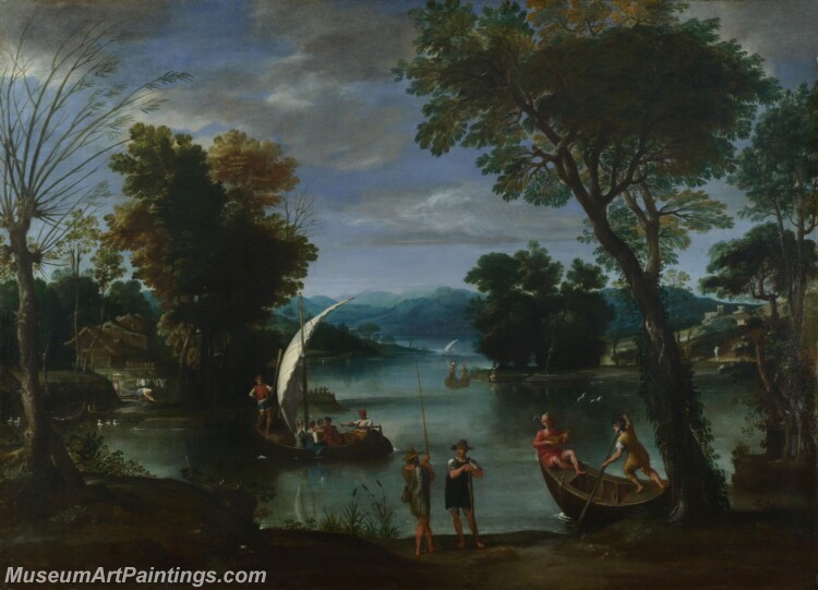 Giovanni Battista Viola Landscape with a River and Boats Painting