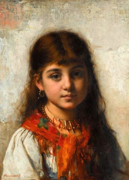 Girl with Coral Necklace and Shawl Painting