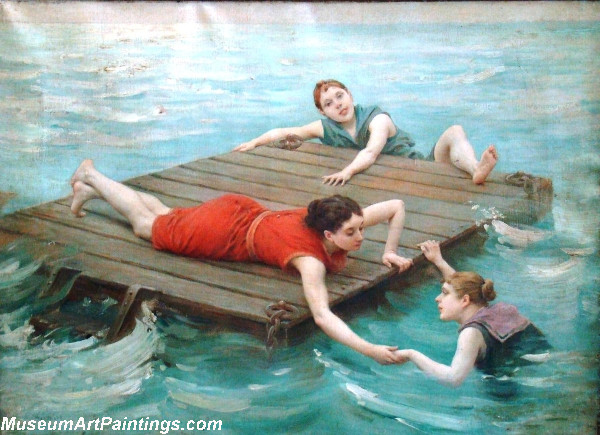 Girls Swimming From A Raft Painting by Jules Scalbert