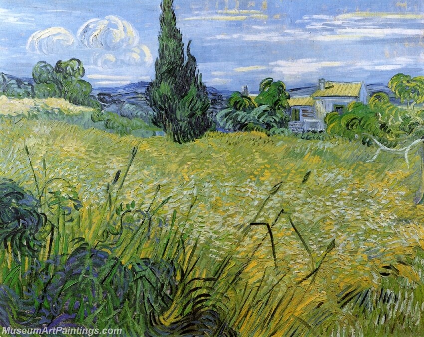 Green Wheat Field with Cypress Painting