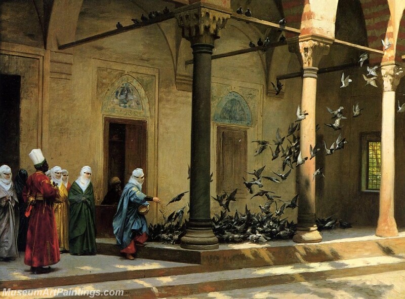 Harem Women Feeding Pigeons in a Courtyard Painting