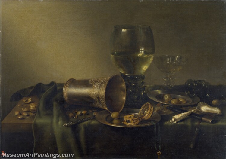 Heda Willem Claesz Bodegon con vaso de plata y reloj Painting