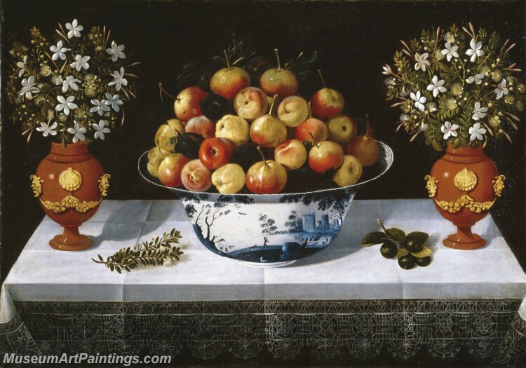 Hiepes Tomas Frutero de Delft y dos floreros Painting