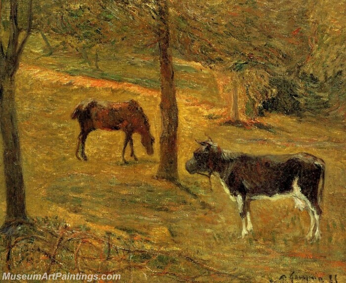 Horse and Cow in a Field Painting