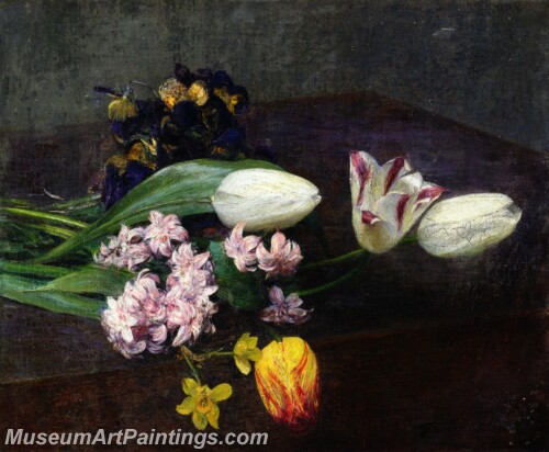 Hyacinth Tulips and Pansies on a Table Painting