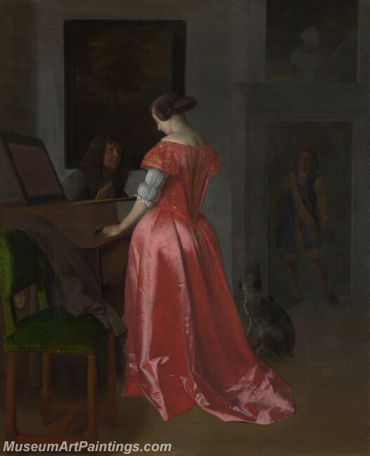 Jacob Ochtervelt A Woman standing at a Harpsichord a Man seated by her Painting