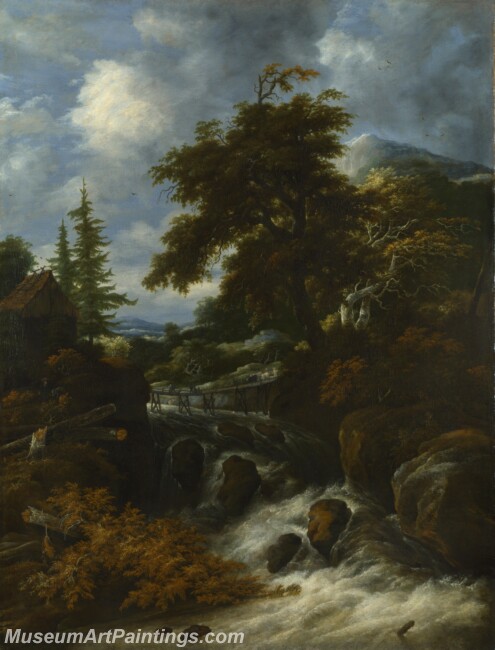 Jacob Salomonsz van Ruysdael A Waterfall by a Cottage in a Hilly Landscape Painting