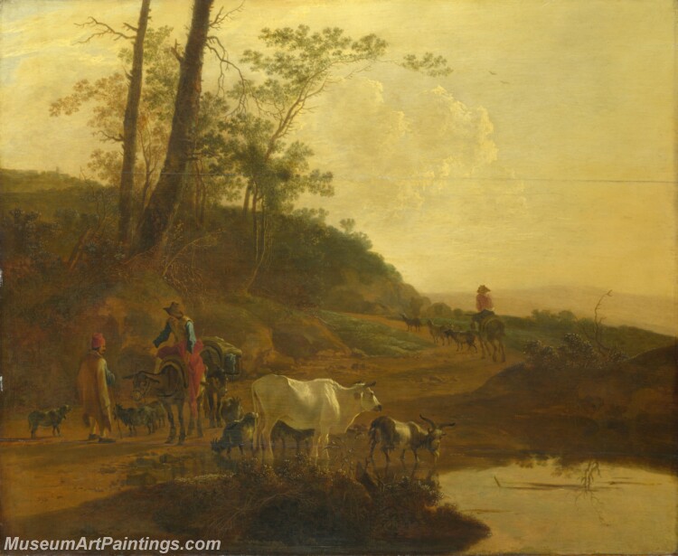 Jan Both Men with an Ox and Cattle by a Pool Painting