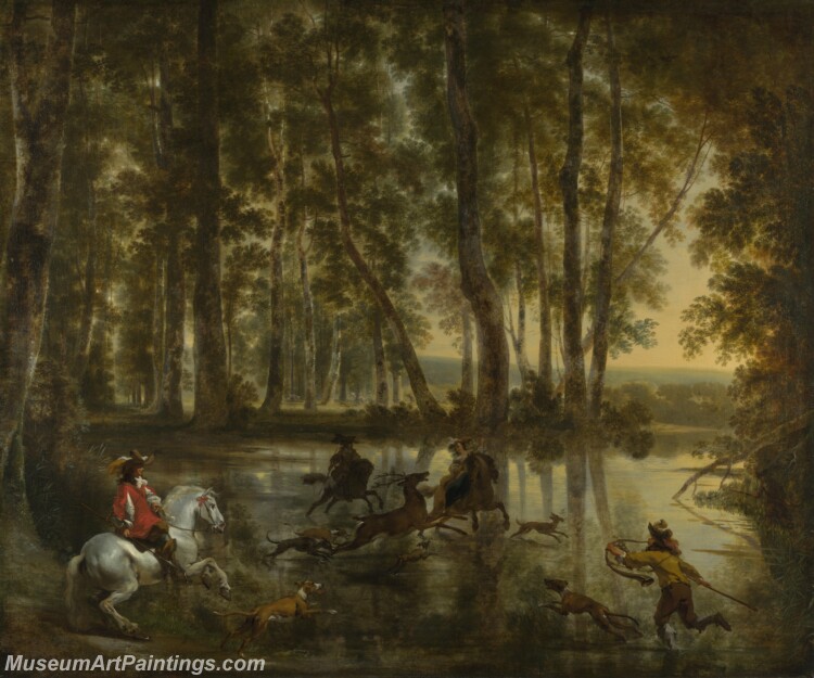 Jan Hackaert and Nicolaes Berchem A Stag Hunt in a Forest Painting