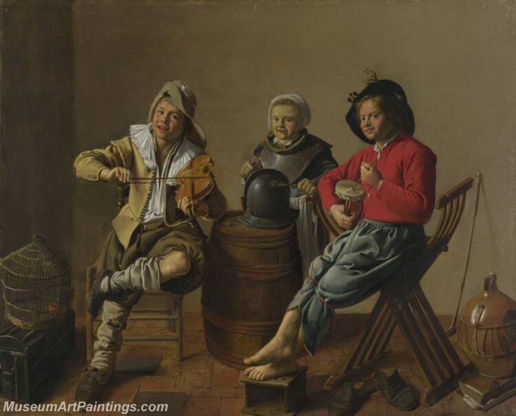 Jan Molenaer Two Boys and a Girl making Music Painting