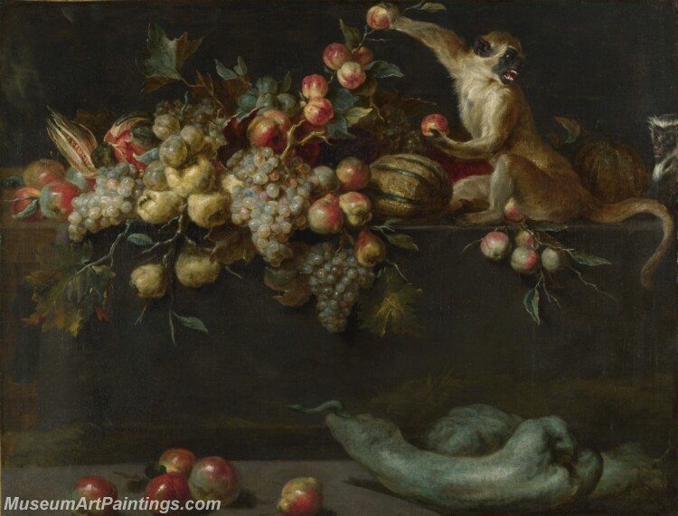 Jan Roos Still Life of Fruit and Vegetables with Two Monkeys Painting