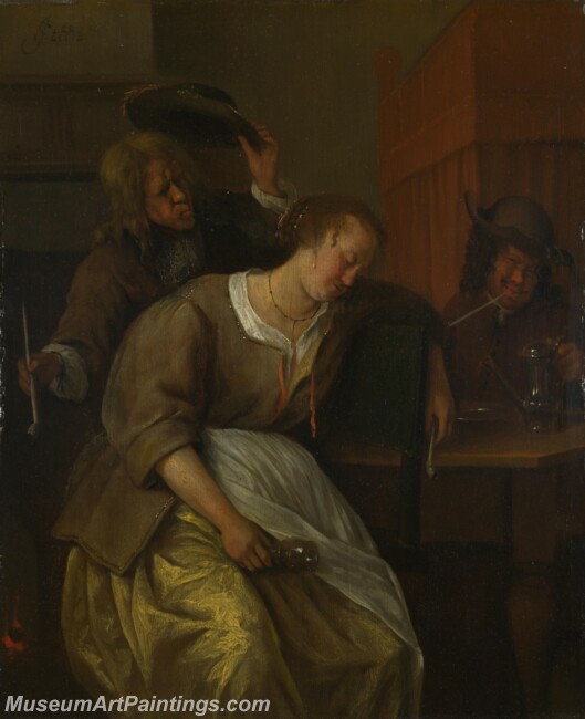 Jan Steen A Man Blowing Smoke at Drunken Woman Painting