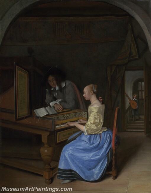 Jan Steen A Young Woman playing a Harpsichord to a Young Man Painting