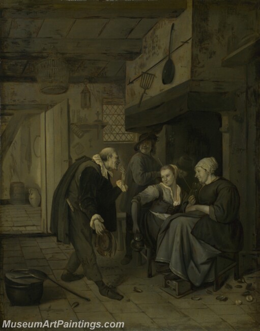 Jan Steen An Itinerant Musician saluting Two Women in a Kitchen Painting