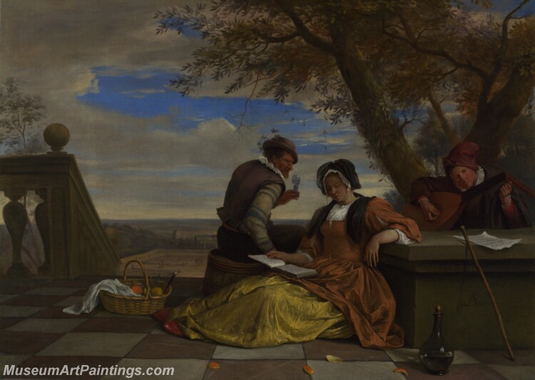 Jan Steen Two Men and a Young Woman making Music on a Terrace Painting