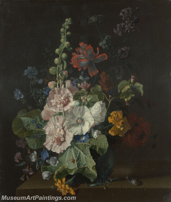 Jan van Huysum Hollyhocks and Other Flowers in a Vase Painting