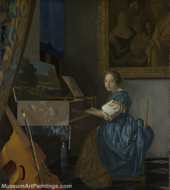 Johannes Vermeer A Young Woman seated at a Virginal Painting