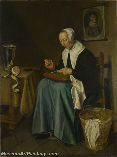 Johannes van der Aack An Old Woman seated sewing Painting