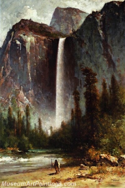 Landscape Painting Ahwahneechee Piute Indian at Bridal Veil Falls Yosemite