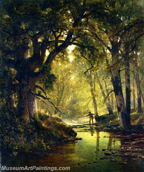 Landscape Painting Angler in a Forest Interior