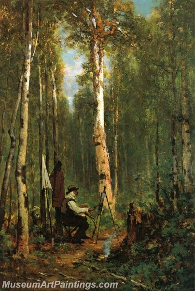 Landscape Painting Artist at His Easel in the Woods