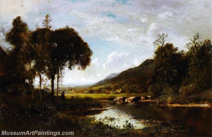 Landscape Painting Cattle Watering at a Pond with a Shepherd Nearby