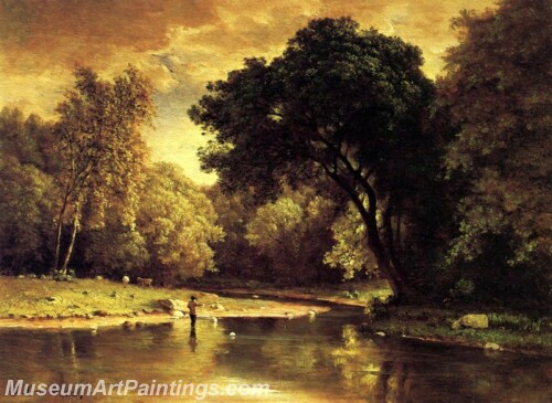 Landscape Painting Fisherman in a Stream