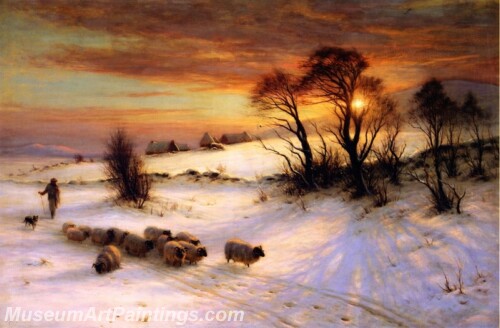 Landscape Painting Herding Sheep in a Winter Landscape at Sunset