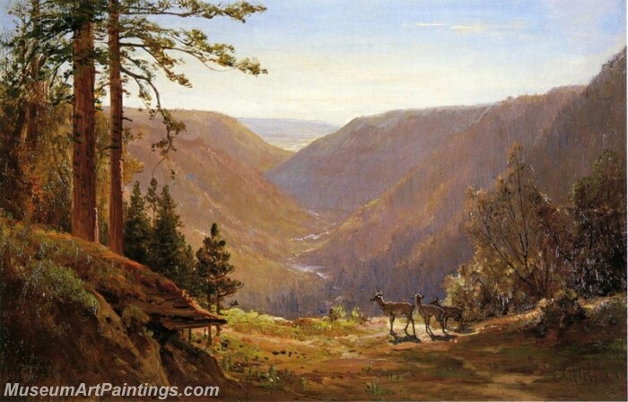 Landscape Painting Valley with Deer