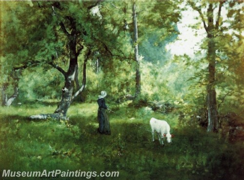 Landscape Painting Woman with Calf