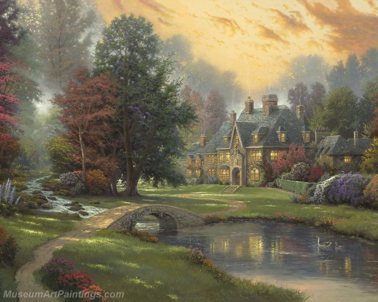 Landscape Paintings lakeside manor Garden Paintings