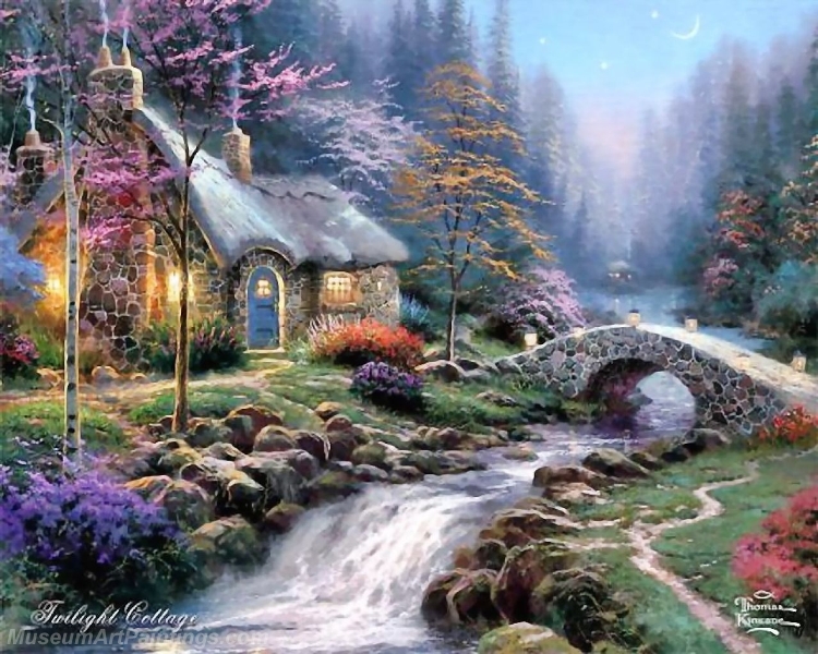 Landscape Paintings twilight cottage Garden Paintings