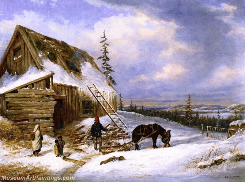 Log Cabin Winter Scene Lake St Charles Painting